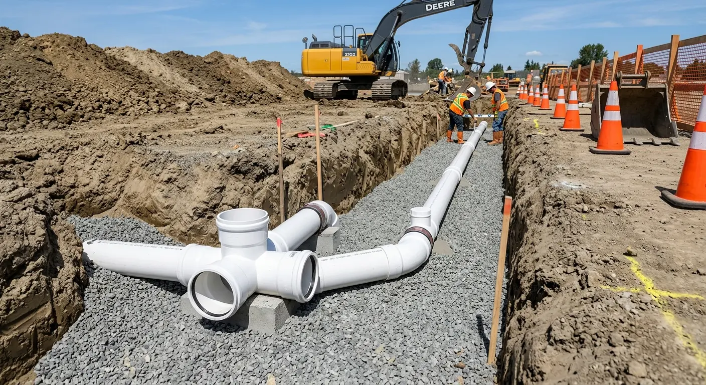 New PVC sewer pipe installation in open trench for Sewer Backup in East Rancho Dominguez