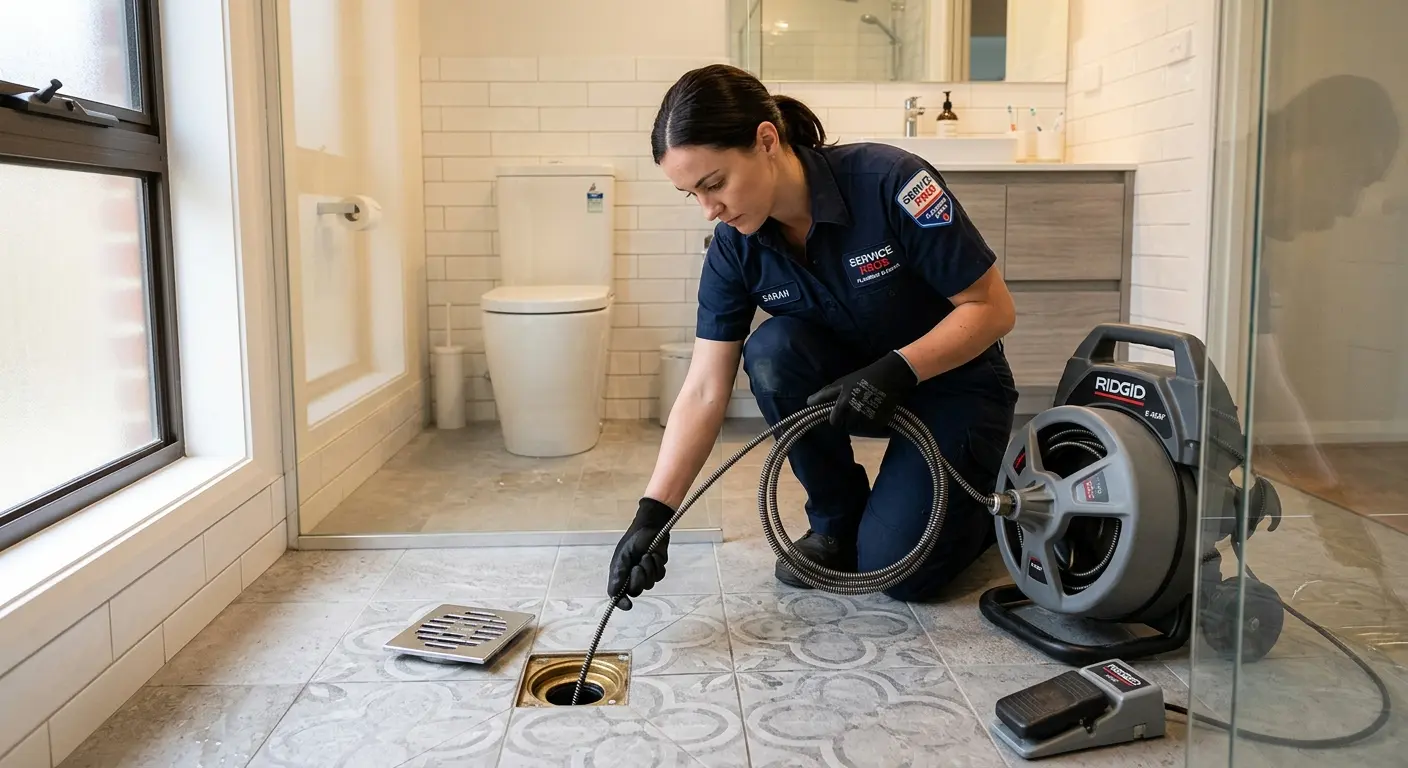 Technician clearing a bathroom floor drain for Drain Repair in East Rancho Dominguez